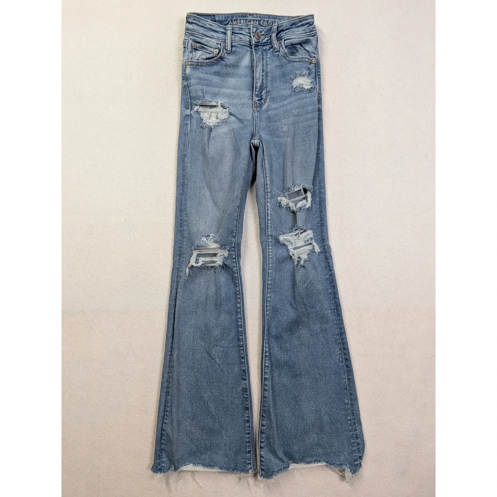American Eagle Womens Jeans 0 Super Hi Rise Flare Distressed Blue